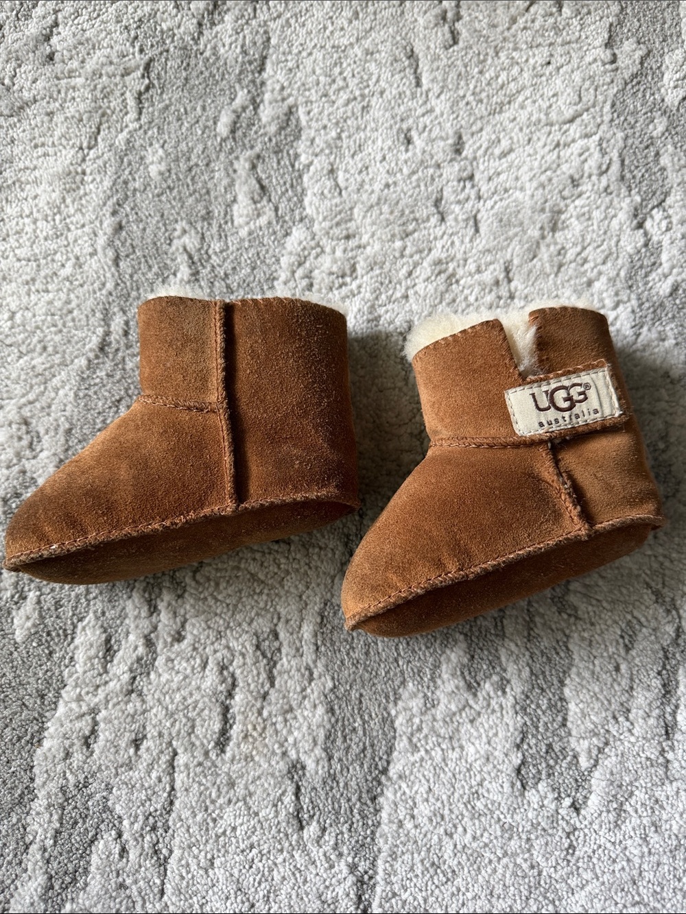 UGG Chestnut Suede Baby Booties with Shearling Trim